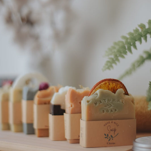 Set of 6, 8 or 10 Sorted Natural Soaps standing in line