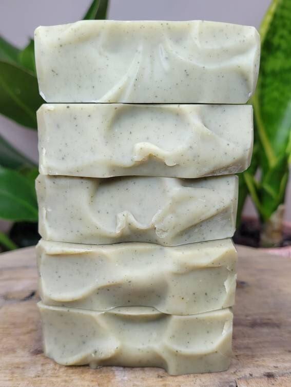 five Lemongrass & Patchouli Natural Soap stacked like a tower. Green in colour handmade by Have A Nice Soap Dublin, Ireland